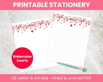 Herzen Briefpapier zum Ausdrucken: Liniert & unliniert, Aquarell Briefpapier zum Ausdrucken, US Letter und A4 (Digitaler Download)