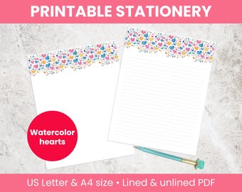 Herzen Briefpapier zum Ausdrucken: Liniert & unliniert, Aquarell Briefpapier zum Ausdrucken, US Letter und A4 (Digitaler Download)