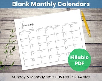 Blanko-Monatskalender: Minimalistische Vorlage für Jahr des Planers, Kühlschrank- oder Wandkalender (Digitaler Download & ausfüllbares PDF)