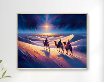Wise Men Epiphany Printable Wall Art: Christian impasto painting of the Magi with the Star of Bethlehem after Christmas (Digital Download)