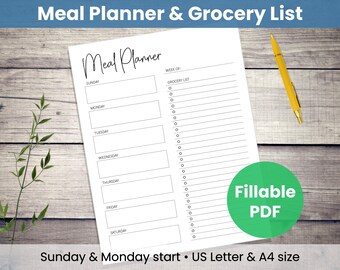 Wöchentlicher Mahlzeitenplaner: Minimalistische Vorlage | 7-Tage-Zeitplan, Einkaufsliste, Start am Sonntag oder Montag (Digitaler Download & ausfüllbares PDF)