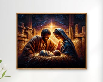 Holy Family Nativity Printable Wall Art: Christian impasto painting of Christmas manger scene with Jesus, Mary, & Joseph (Digital Download)