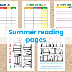 K&ouml;nnte beinhalten: Vier druckbare Sommerleselogb&uuml;cher mit Strandthema. Die Seiten beinhalten ein Leselogbuch, ein Buchlogbuch, ein Bibliotheksbuchlogbuch und eine Liste von B&uuml;chern zum Lesen. Die Seiten sind mit Kronen, Sternen und B&uuml;chern verziert.