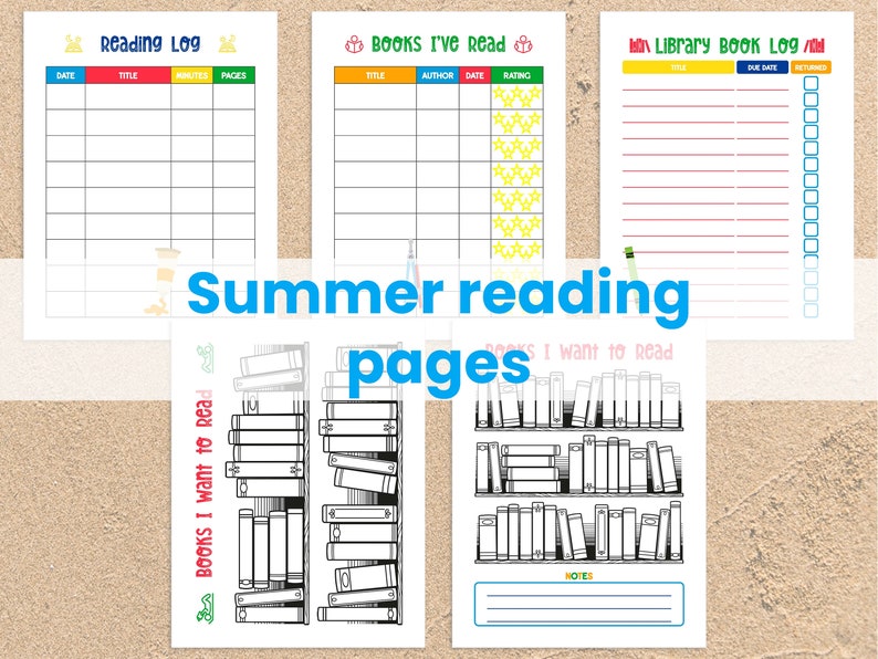 K&ouml;nnte beinhalten: Vier druckbare Sommerleselogb&uuml;cher mit Strandthema. Die Seiten beinhalten ein Leselogbuch, ein Buchlogbuch, ein Bibliotheksbuchlogbuch und eine Liste von B&uuml;chern zum Lesen. Die Seiten sind mit Kronen, Sternen und B&uuml;chern verziert.