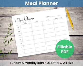Wöchentlicher Mahlzeitenplaner: Minimalistische Vorlage | 7-Tage-Plan mit 3 Mahlzeiten, Start am Sonntag oder Montag (Digitaler Download & ausfüllbares PDF)