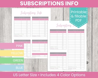 Subscription Tracker Printable: Recurring subscriptions list and log (Digital Download & Fillable PDF)