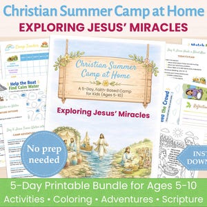 Può includere: Un pacchetto stampabile di 5 giorni per un campo estivo cristiano per bambini dai 5 ai 10 anni. Il pacchetto include attività, pagine da colorare, avventure e scritture. Il titolo recita "Christian Summer Camp at Home Exploring Jesus' Miracles."
