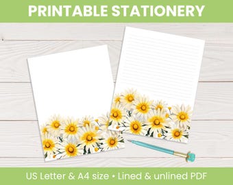 Daisies Printable Stationery: Lined & unlined, floral letter writing paper, US Letter Size and A4 (Digital Download)