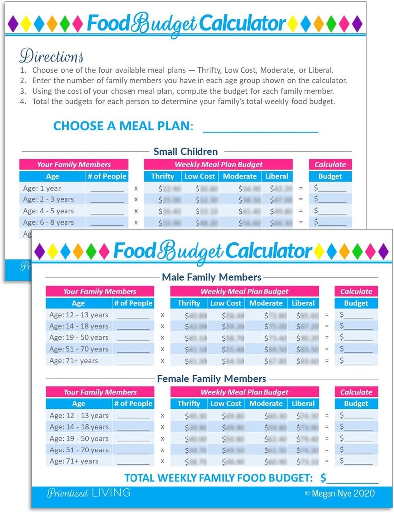 Printable GROCERY BUDGET Calculator Family Food Budget Calculator With