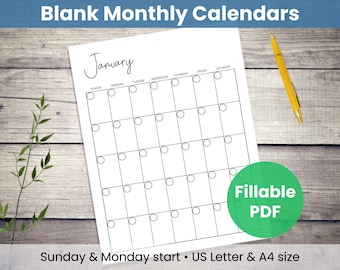 Blanko-Monatskalender: Minimalistische Vorlage für Jahr des Planers, Kühlschrank- oder Wandkalender (Digitaler Download & ausfüllbares PDF)