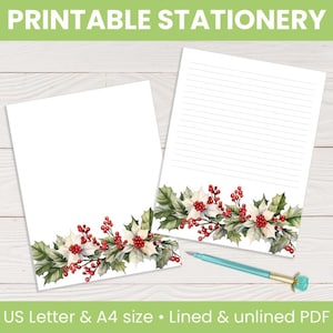 Druckbares Briefpapier: Stechpalme und Weihnachtsstern | Liniertes & unliniertes, florales Briefpapier, Journalseiten, Notizseiten, US Letter Size und A4