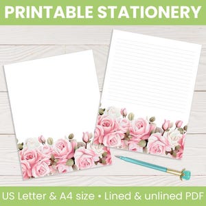 Roses Printable Stationery: Lined & unlined, floral letter writing paper, US Letter Size and A4 (Digital Download)