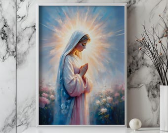 Mary in Prayer Printable Wall Art: Christian impasto painting of the Blessed Mother (Digital Download)