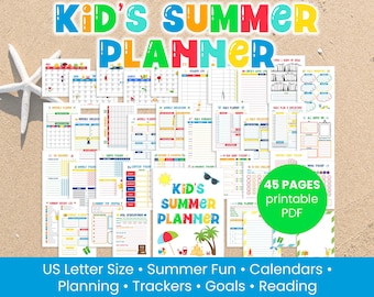Kids Summer Planner Bundle Printable: Activity list, calendar, habit tracker, schedule, chore chart, summer reading, more (Digital Download)