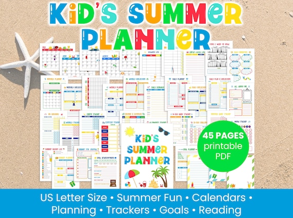 Kids Summer Planner Bundle Printable: Activity list, calendar, habit tracker, schedule, chore chart, summer reading, more (Digital Download)