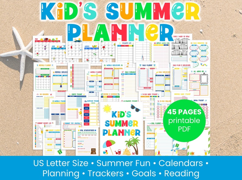 K&ouml;nnte beinhalten: Ein farbenfroher, druckbarer Sommerplaner f&uuml;r Kinder mit 45 Seiten. Der Planer bietet eine Vielzahl von Aktivit&auml;ten, darunter Kalender, Tracker, Ziele und Lesetageb&uuml;cher. Der Planer soll Kindern helfen, im Sommer organisiert und auf dem Laufenden zu bleiben.