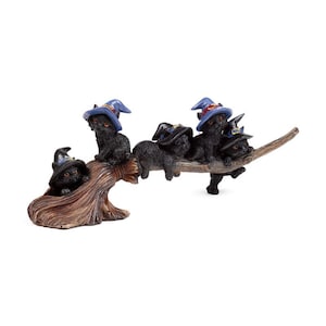 Witchy Black Cat Figurines on Broomstick – Halloween Decor | Cute Resin Cats with Wizard Hats | Spooky Season Home Accent