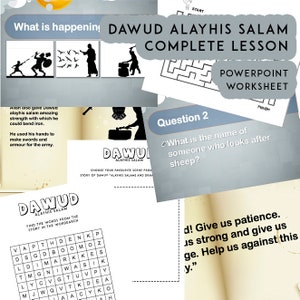 Peut inclure: Une feuille de travail colorée avec le titre "Dawud Alayhis Salam Leçon complète" et une question demandant "Quel est le nom de quelqu'un qui s'occupe des moutons ?" La feuille de travail comprend un labyrinthe, une recherche de mots et une section pour dessiner.