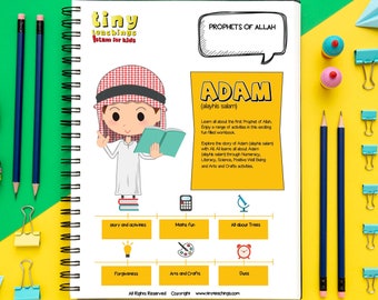 Könnte beinhalten: Ein farbenfrohes Arbeitsbuch mit einer Cartoon-Illustration eines jungen Jungen, der ein rot-weißes Keffiyeh trägt. Der Titel des Arbeitsbuchs lautet "Adam (alayhis salam)" und es ist Teil einer Reihe namens "Tiny Teachings Islam for Kids." Das Arbeitsbuch enthält Aktivitäten über die Geschichte von Adam, Mathematik, Bäume, Vergebung, Kunst und Handwerk sowie Duas.