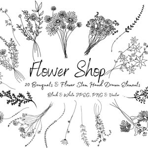 Floral Clipart, Wildflower Bouquet Line Art (PNG, JPEG, SVG)