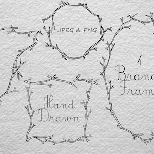 Könnte beinhalten: Vier handgezeichnete Zweigrahmen in Schwarz auf weißem Hintergrund. Der Text "JPEG & PNG" und "4 Branch Frames Hand Drawn" ist im Bild enthalten.