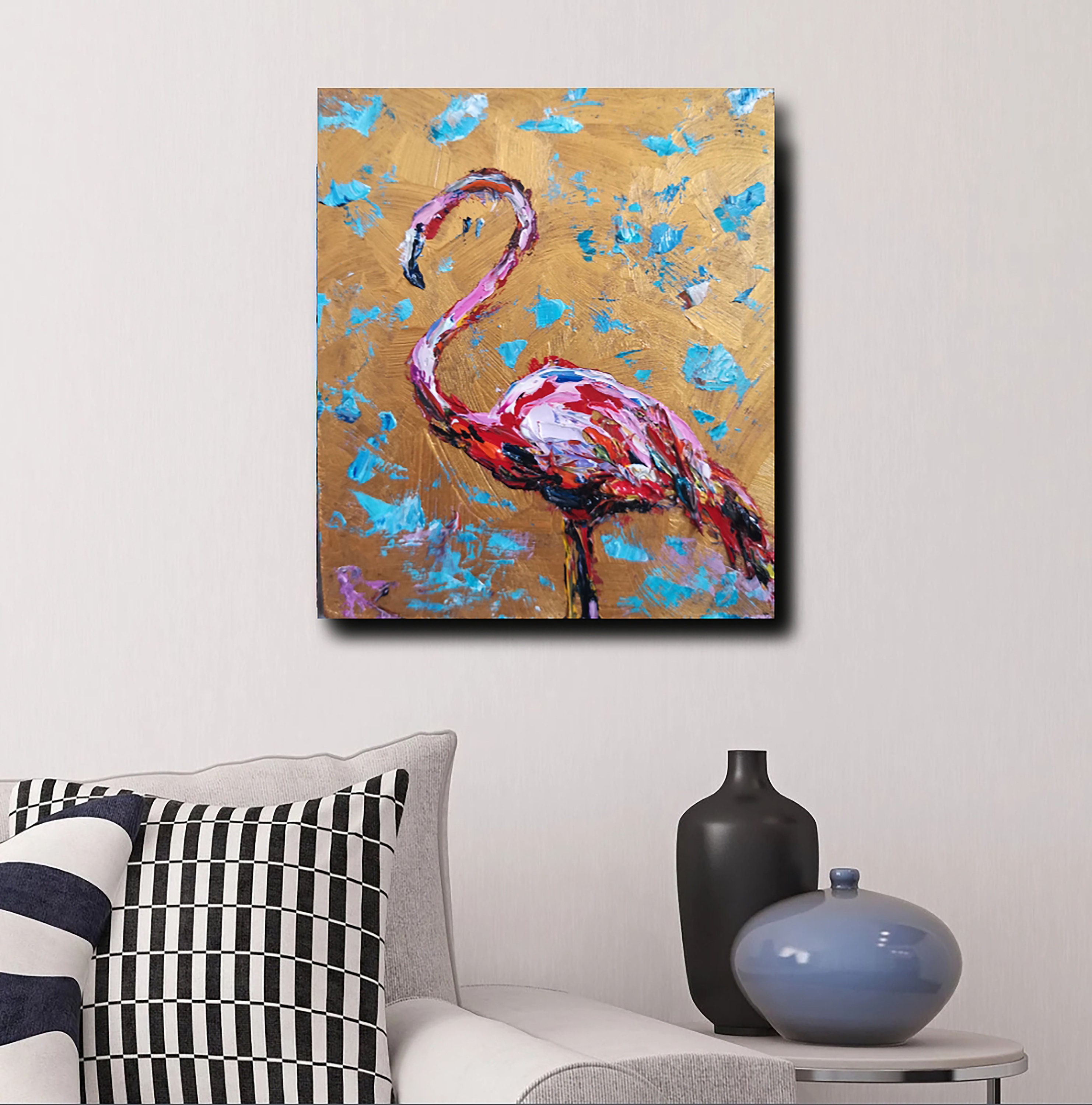 Flamingo Painting Gold Metal Wall Art Birds Colorful Abstract Etsy