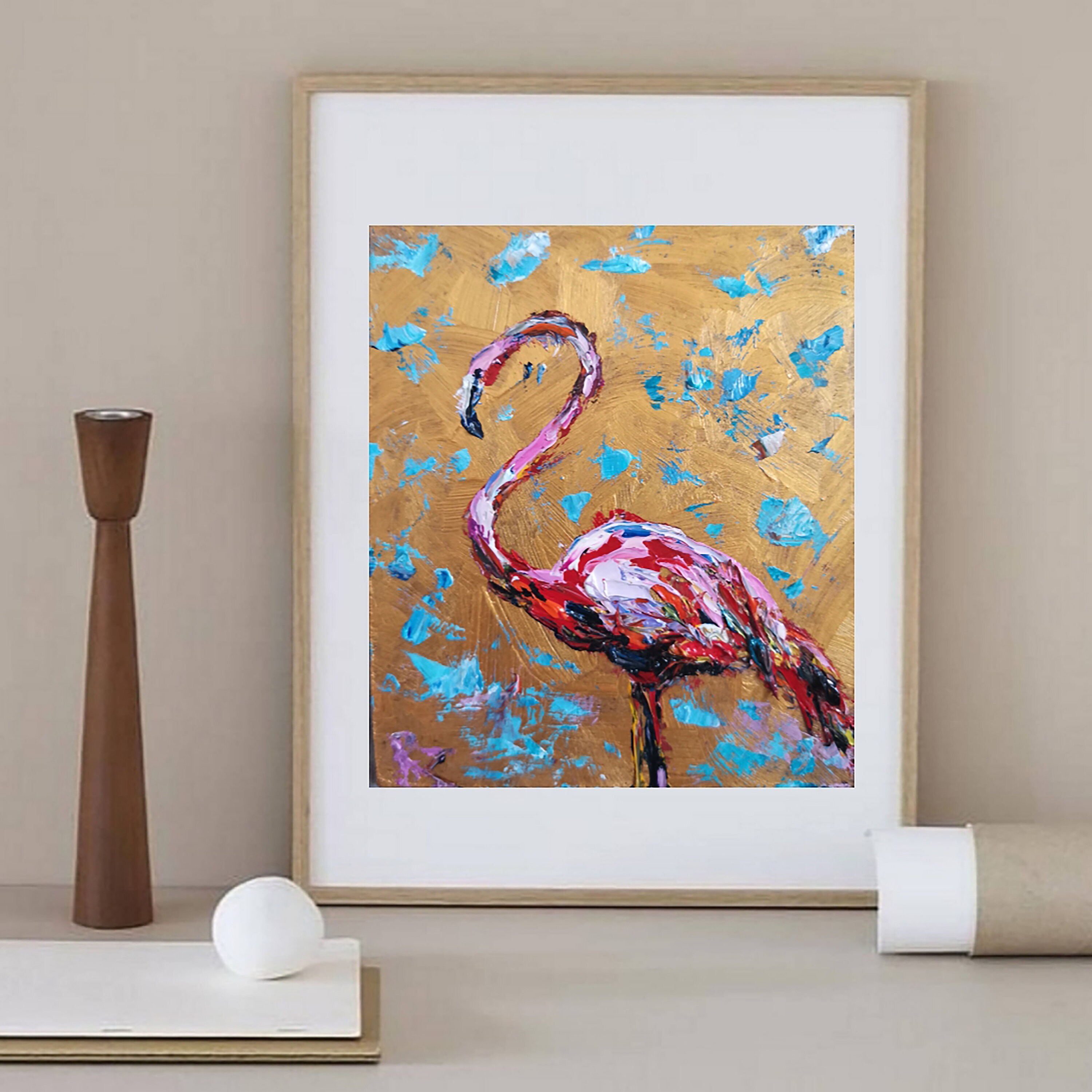 Flamingo Painting Gold Metal Wall Art Birds Colorful Abstract Etsy