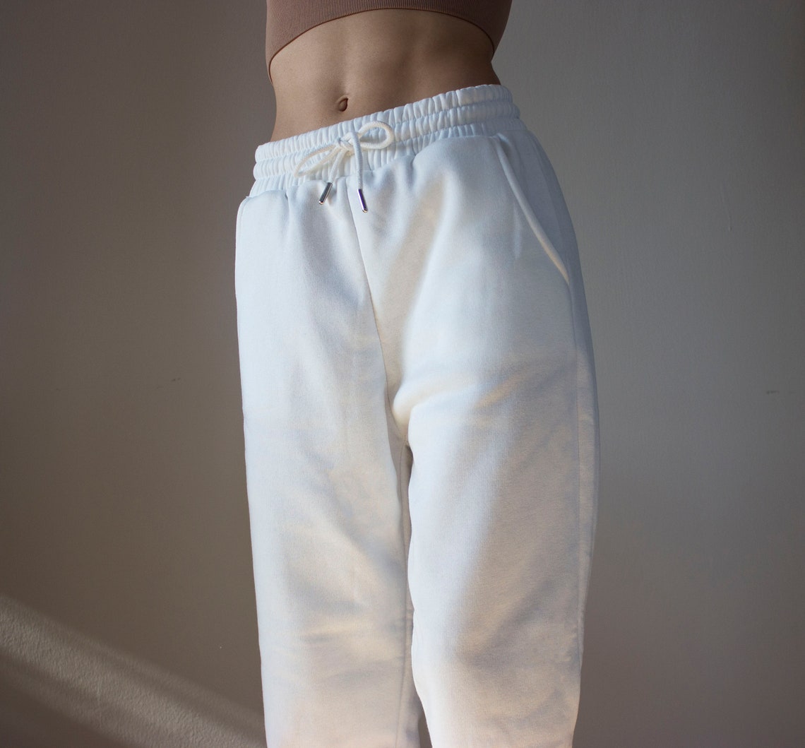 Women White High Waist Sweatpants Wide Leg Pants Cuffed Etsy