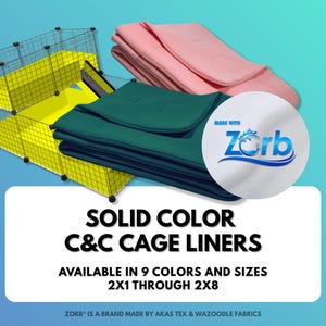 Può includere: Fodere per gabbie C&C a tinta unita rosa e verde acqua, con una gabbia gialla e nera. L'immagine include il testo "Solid Color C&C Cage Liners" e "Available in 9 colors and sizes 2x1 through 2x8."