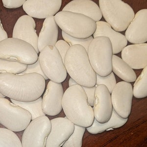 May include: A close-up of a pile of white dried beans. The beans are oval-shaped and have a smooth, slightly wrinkled texture.