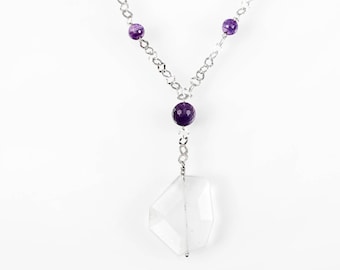 Silver necklace, amethyst and rock crystal