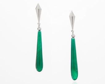 Boucles d'oreilles en argent 925 rhodié avec goutte d'agate verte