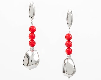 Silver earrings 925 rhodium and coral bamboo red