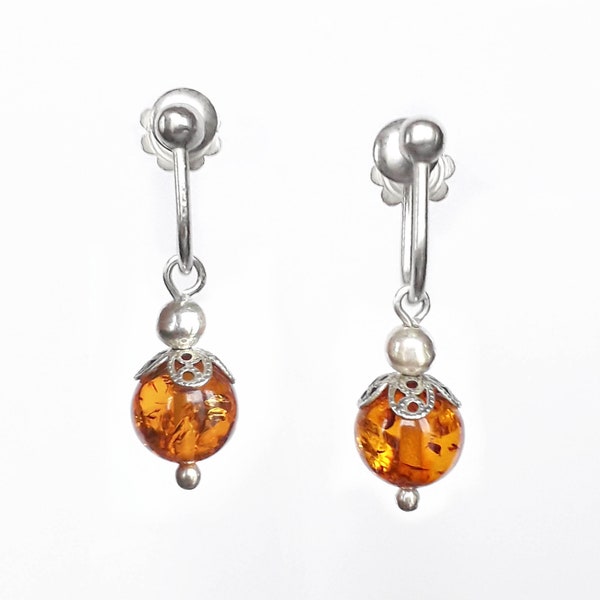 Silver and amber earrings, screw clips for unperforated lobes