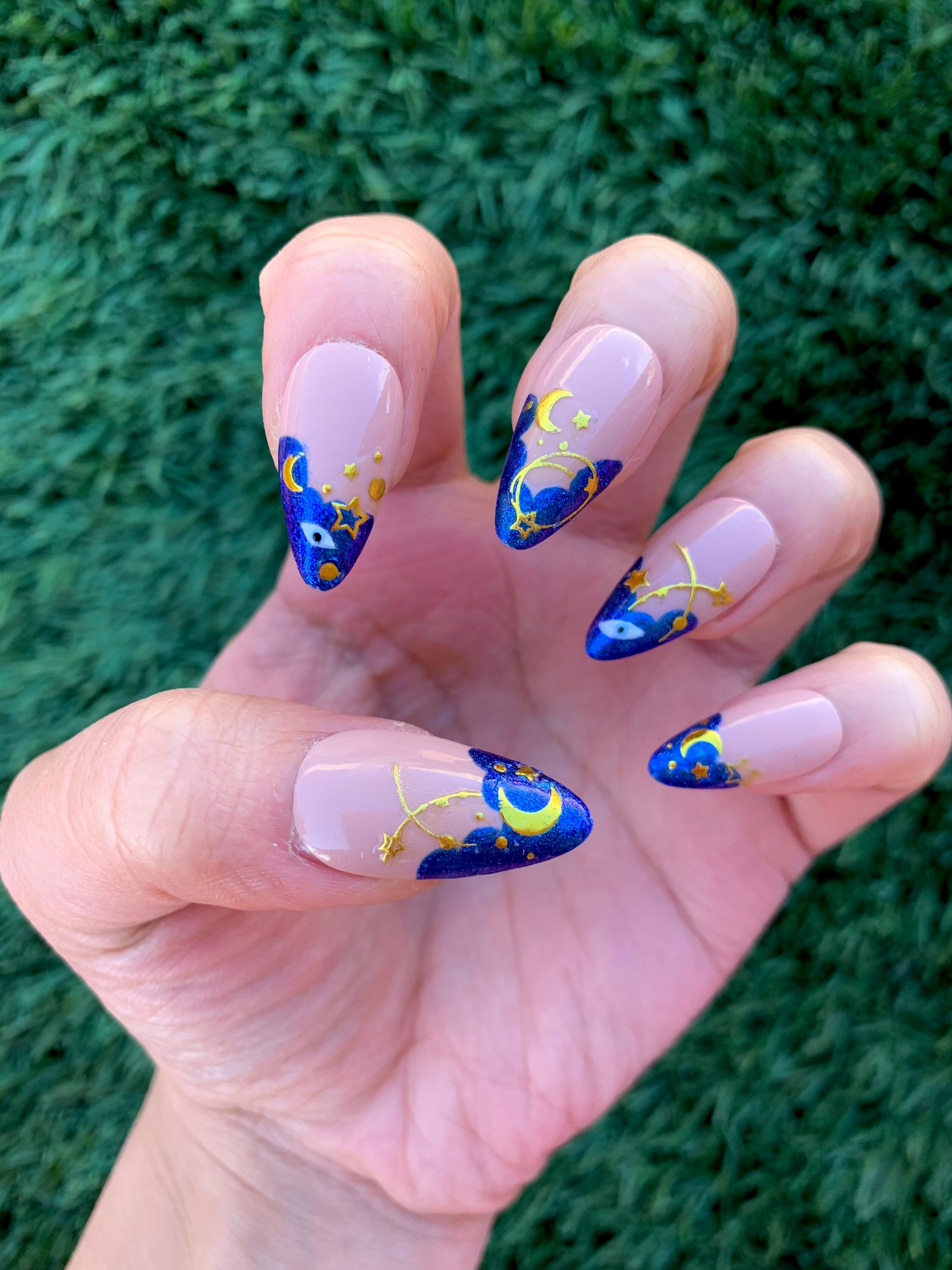 Starry Blue & Gold Nails - Etsy