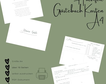 May include: A set of A4 wedding guest book cards featuring white paper with black text and heart graphics. The cards include prompts for guests to write messages, share memories, and attach photos. The design is presented as a printable PDF document.