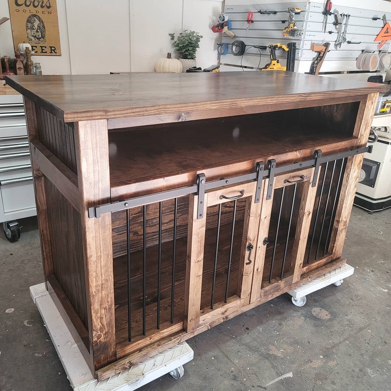 Double Dog Kennel Entertainment Center With Shelf TV Stand Etsy