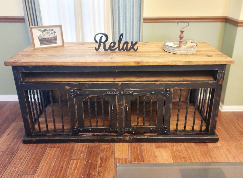 Medium Media Console Dog Crate Furniture Wood Double Dog Etsy