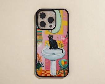 Funda para iPhone con diseño de gato negro, adorable gato en el fregadero, compatible con MagSafe, regalo artístico y divertido para amantes de los gatos, PF100