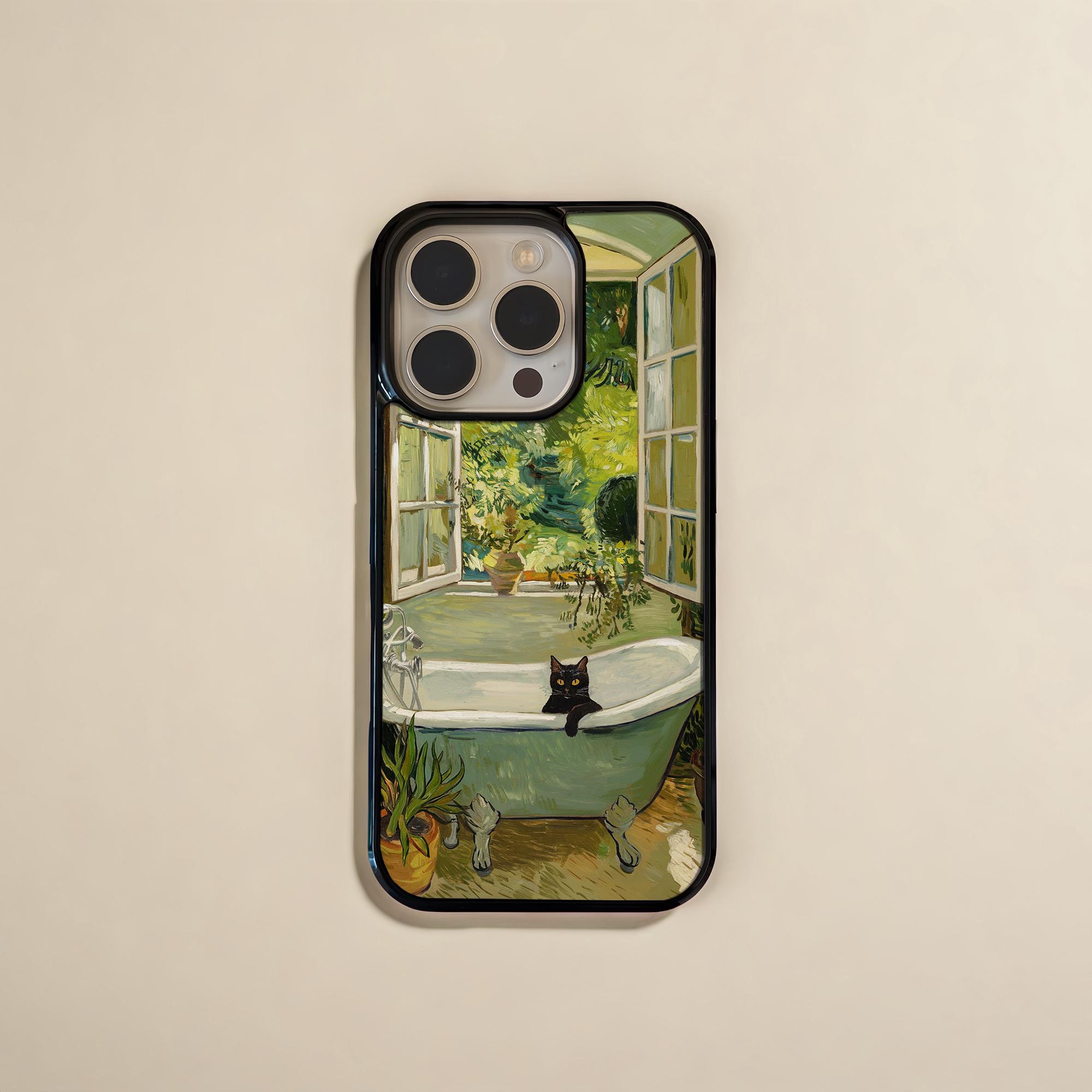 Black Cat in Sunlit Bathroom Phone Case, Artistic Cat Lover Gift, Whimsical Animal Print, Unique Cat Phone Accessory, PF13