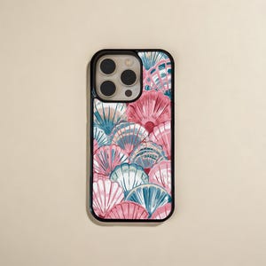 Custodia per iPhone con conchiglia pastello, cover per telefono con motivo a conchiglia disegnato a mano, arte costiera con oceano rosa e blu, custodia protettiva estetica, PF72