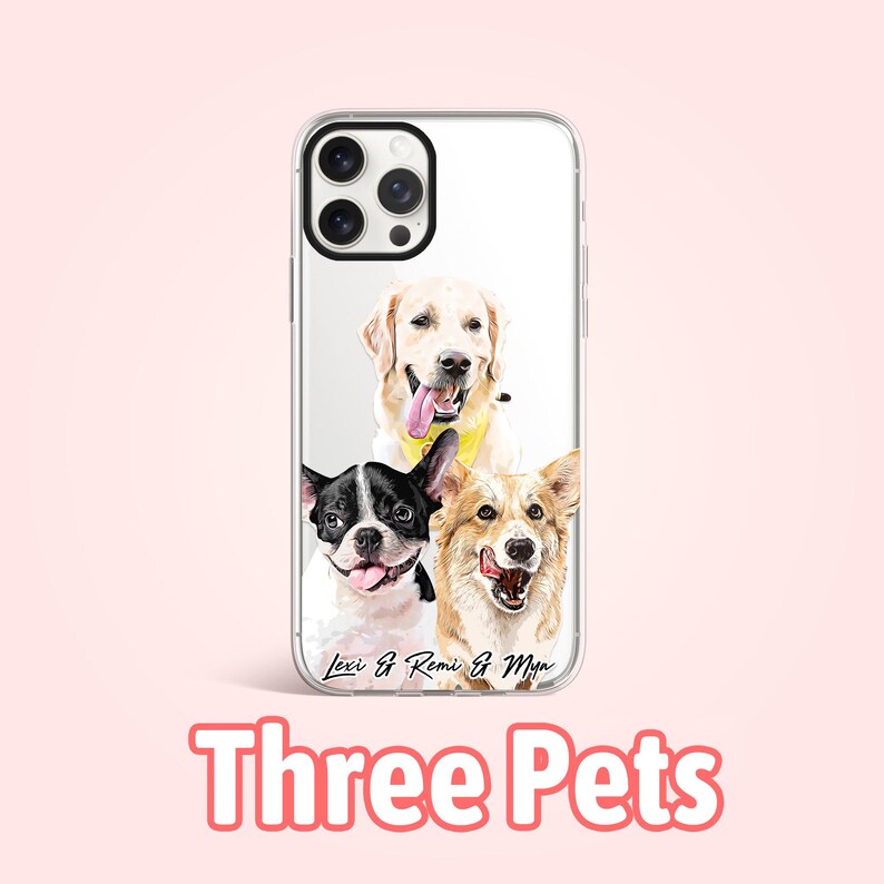 May include: A clear phone case with a design of three dogs. The dogs are a golden retriever, a French bulldog, and a corgi. The text "Lexi & Remi & Myn" is printed on the bottom of the case. Three Pets