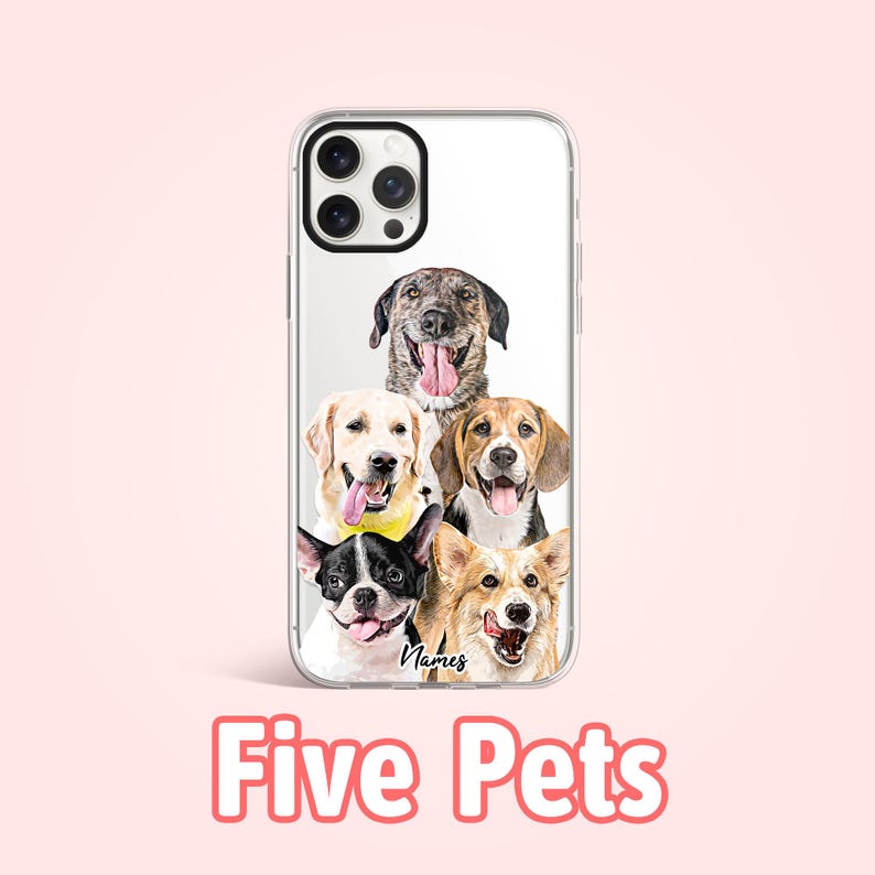 May include: A clear phone case with a design of five dogs. The dogs are a black and brown mixed breed, a golden retriever, a beagle, a black and white Boston terrier, and a corgi. The case has the word "Names" at the bottom.