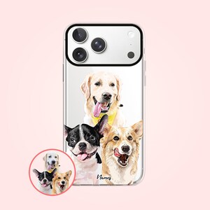 Puede incluir: Una funda transparente para smartphone con una ilustración personalizada estilo acuarela de tres perros: un golden retriever, un bulldog francés blanco y negro y un corgi canela. La palabra Names está impresa en letra cursiva negra.
