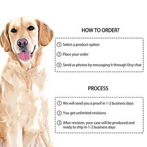 May include: A digital illustration of a golden retriever dog sitting. The image includes text explaining how to order a custom pet portrait and the process for creating it. The text says "How to Order?" and lists three steps: 1. Select a product option, 2. Place your order, 3. Send us photos by messaging it through Etsy chat. The text also says "Process" and lists three steps: 1. We will send you a proof in 1-2 business days, 2. You get unlimited revisions, 3. After revision, your case will be produced and ready to ship in 1-2 business days.
