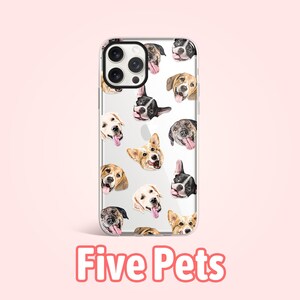 May include: A clear phone case with a pattern of different dog breeds. The case has a white background and features a variety of dog breeds, including a corgi, a labrador, and a pug. The text "Five Pets" is printed below the case.