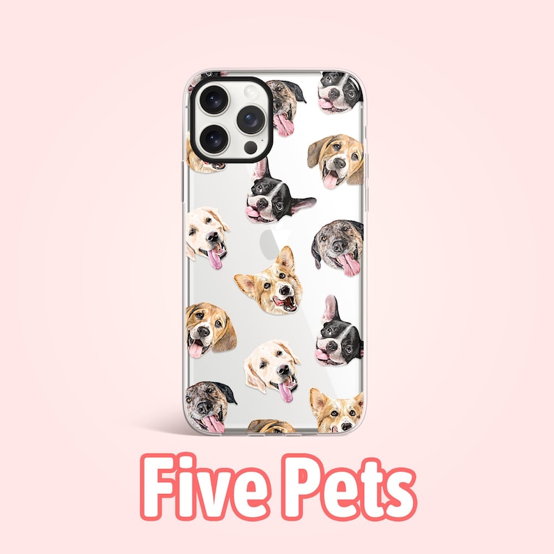 May include: A clear phone case with a pattern of different dog breeds. The case has a white background and features a variety of dog breeds, including a corgi, a labrador, and a pug. The text "Five Pets" is printed below the case.