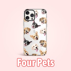 May include: Clear phone case with a pattern of four different dog breeds. The case has a cutout for the camera lens and is compatible with an iPhone.