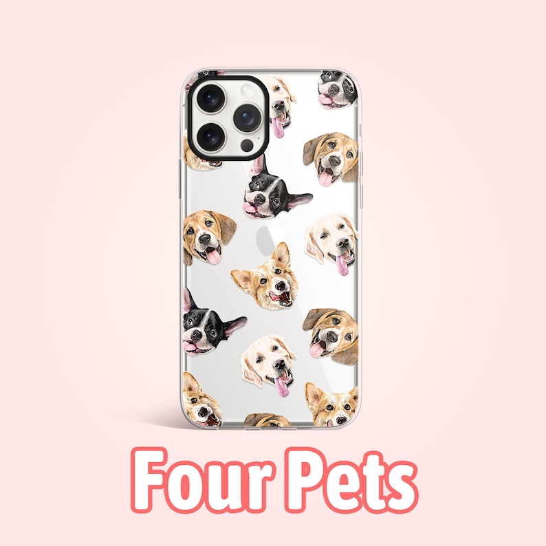 May include: Clear phone case with a pattern of four different dog breeds. The case has a cutout for the camera lens and is compatible with an iPhone.