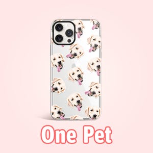 May include: Clear phone case with a repeating pattern of a dog's face. The dog is a yellow Labrador Retriever with its tongue sticking out. The text "One Pet" is printed below the phone case.
